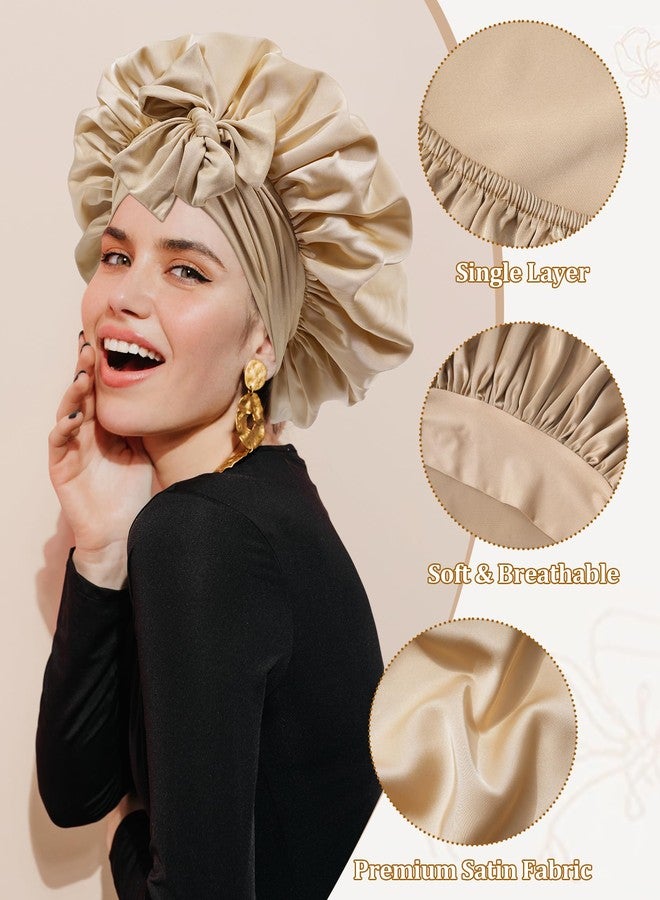 سي اتش ال اي انس اس قبعة نوم من الساتان للنساء، قبعة نوم حريرية للشعر المجعد، غطاء رأس برباط مطاطي، قبعة ليلية بلون الشمبانيا الفاتح - Image 3